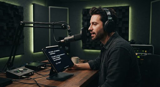 Diction and intonation practice in a voice over studio