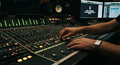 Mixing and mastering work on an audio mixer console